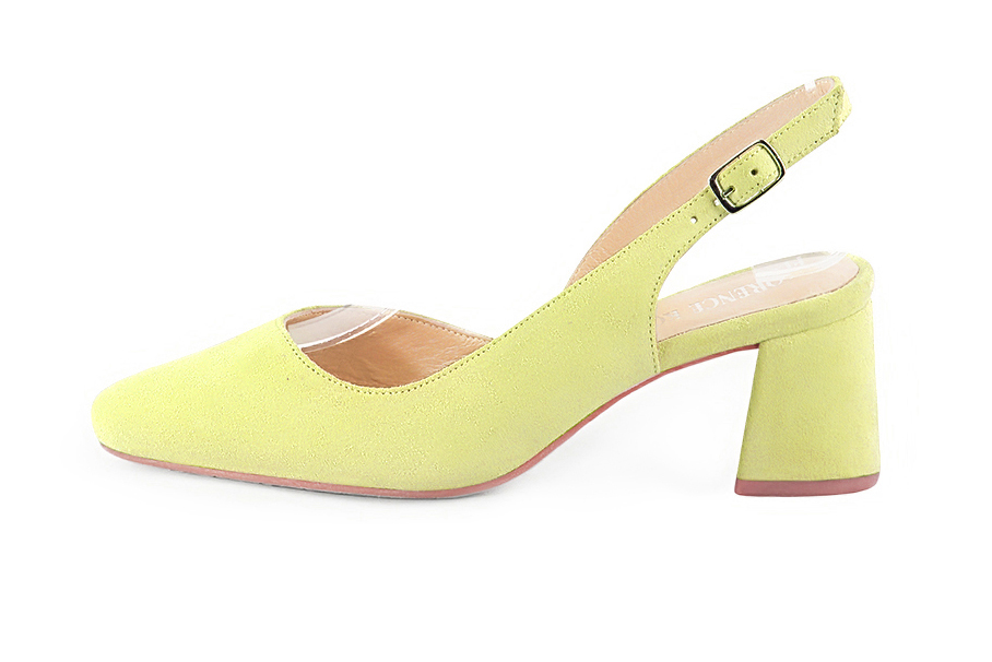 Dress slingback heels in pistachio green leather with medium flare heels and round toe - Profile view
